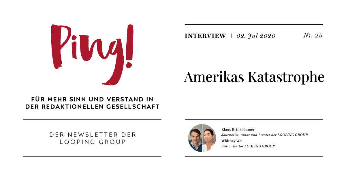 #COVID-19, der Kampf gegen den #Rassismus und der Präsidentschafts-Wahlkampf - die #USA sind in Aufruhr. Ein besonderer Mailwechsel zwischen der US-Amerikanerin Whitney Wei und dem deutschen Journalisten <a href="/Brinkbaeumer/">Klaus Brinkbäumer</a> - Jetzt Ping! abonnieren: looping.group/#newsletterMod…