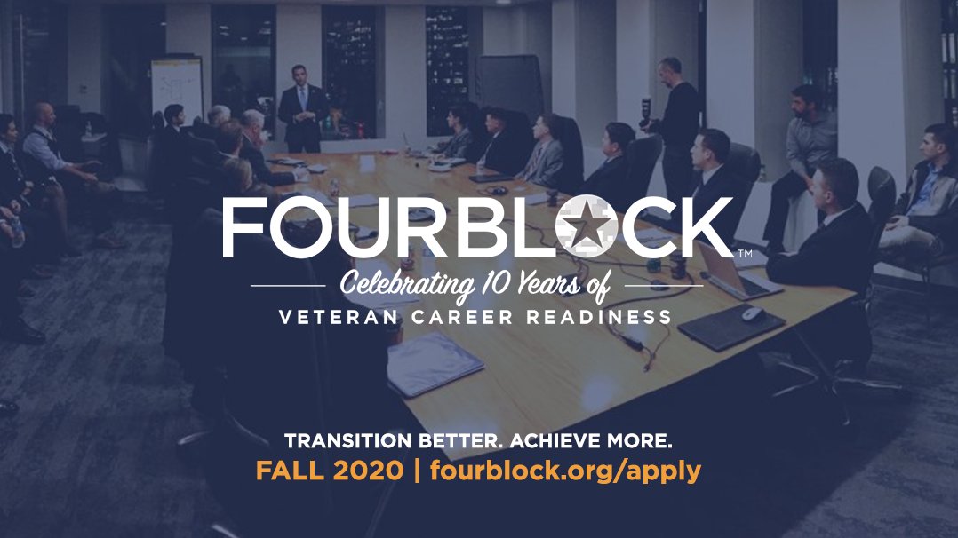 FourBlock's tweet image. The application for our Fall 2020 Career Readiness Program is now OPEN! Connect with different companies each week to hear career advice, discover new industries, &amp;amp; build the right relationships to find meaningful careers: fourblock.org/apply.  
#FourBlock #InspireVets