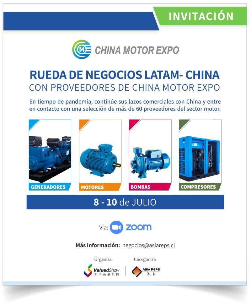 AsiaRepsChile's tweet photo. Los invitamos a participar de nuestro próximo B2B Virtual sector MOTORES. Son +60 proveedores profesionales de generadores, motores, bombas y compresores para usos en distintas industrias.
INSCRIPCIONES: https://t.co/Wd753tl4sZ
Más información: negocios@asiareps.cl https://t.co/GN8c6ltNFI