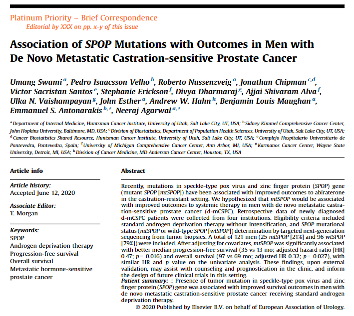 Just out in <a href="/EUplatinum/">European Urology</a> - <a href="/umangtalking/">Umang Swami, MD, MSCI, FASCO</a> <a href="/huntsmancancer/">Huntsman Cancer Institute</a> (mentored by <a href="/neerajaiims/">Neeraj Agarwal, MD, FASCO</a>) works with <a href="/EAntonarakis/">Emmanuel Antonarakis</a> <a href="/AlvaAjjai/">AjjaiAlva</a> <a href="/DrVaishampayan/">Ulka Vaishampayan</a> <a href="/OncHahn/">Andy Hahn</a> <a href="/maughanonc/">Benjamin L Maughan</a>  to demonstrate that mtSPOP confers superior PFS/OS in mCSPC (prev shown in mCRPC). Full article at: sciencedirect.com/science/articl…