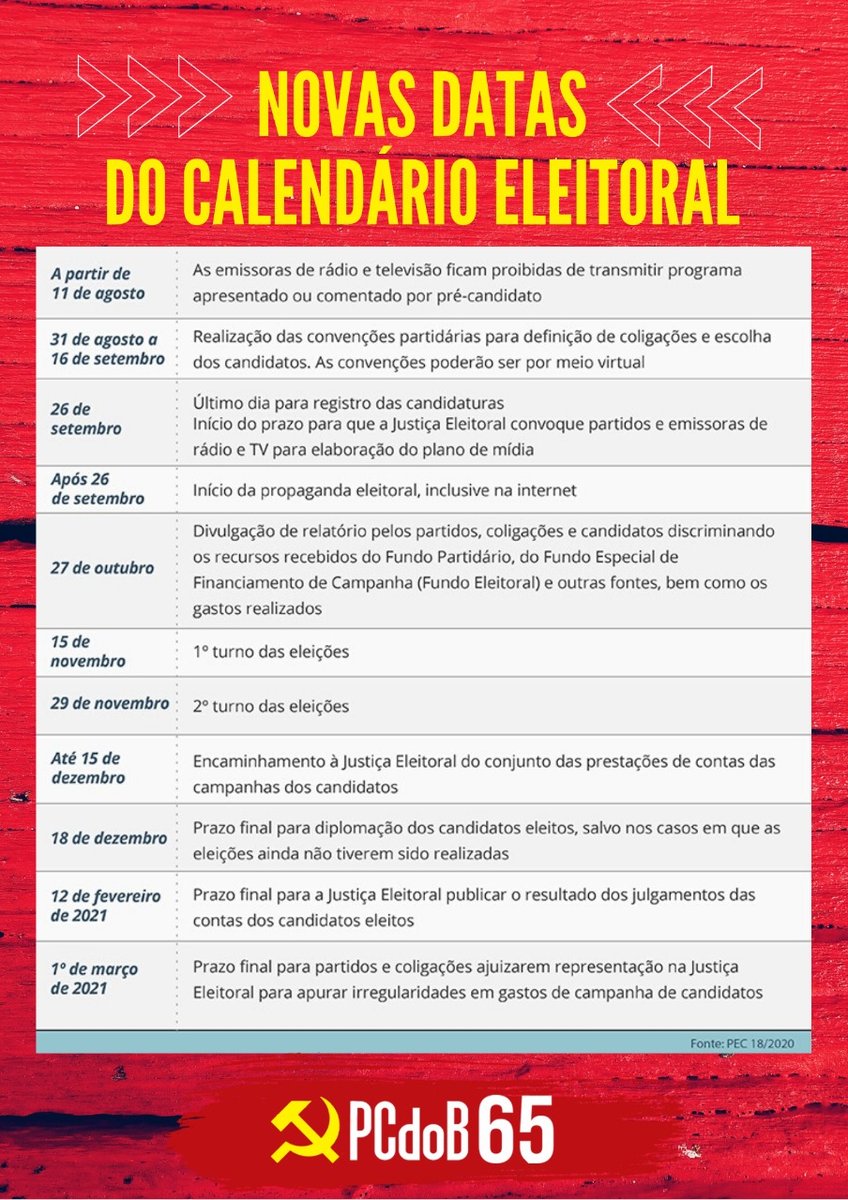 PCdoBRecife's tweet photo. Foi promulgada agora de manhã, a PEC que muda as datas das eleições municipais deste ano. Fique ligado/a!

Em breve, traremos mais informações.

#Eleições2020 #NovasDatas #Movimento65 #CalendárioEleitoral https://t.co/mkAzQKdzzq