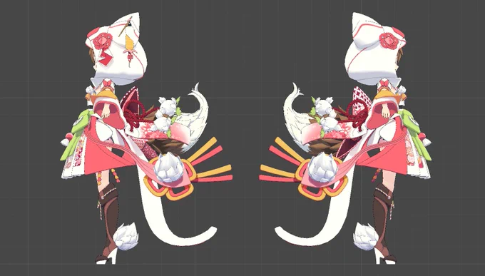 ワンオフ3Dモデルの別バージョン(フード&amp;袴)キャラデザはもりのほんさん(
@morinohon )モデリングは雨刻憩さん(
@UKOKU_K )情報量が凄い…フードが白無垢っぽいって言われるんですが、猫白魔っぽいって自分は思うんです。狐ですが。設定が本当に細かいのにこれが動いてるのって本当凄いです。 