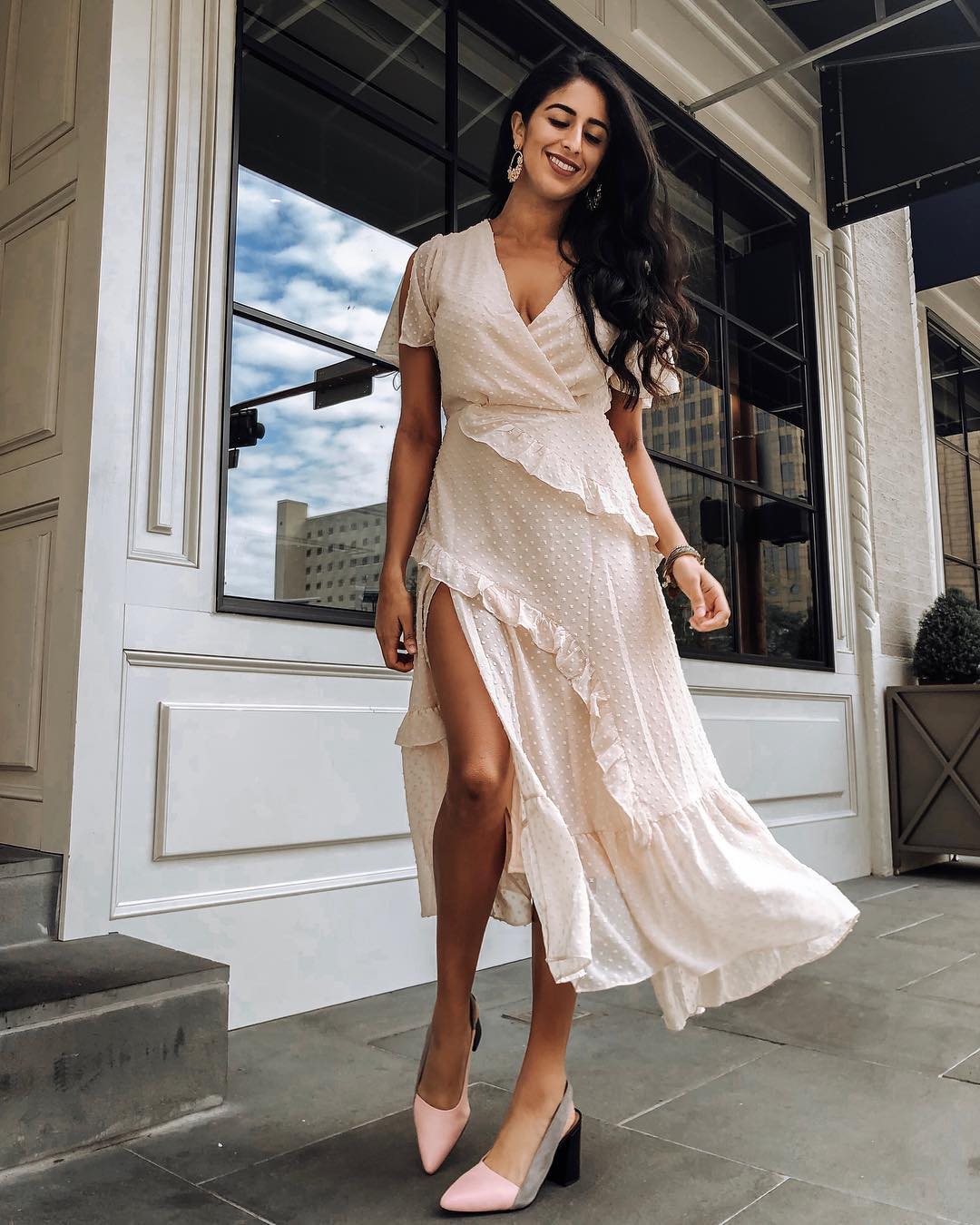 next to you cream swiss dot ruffled midi dress