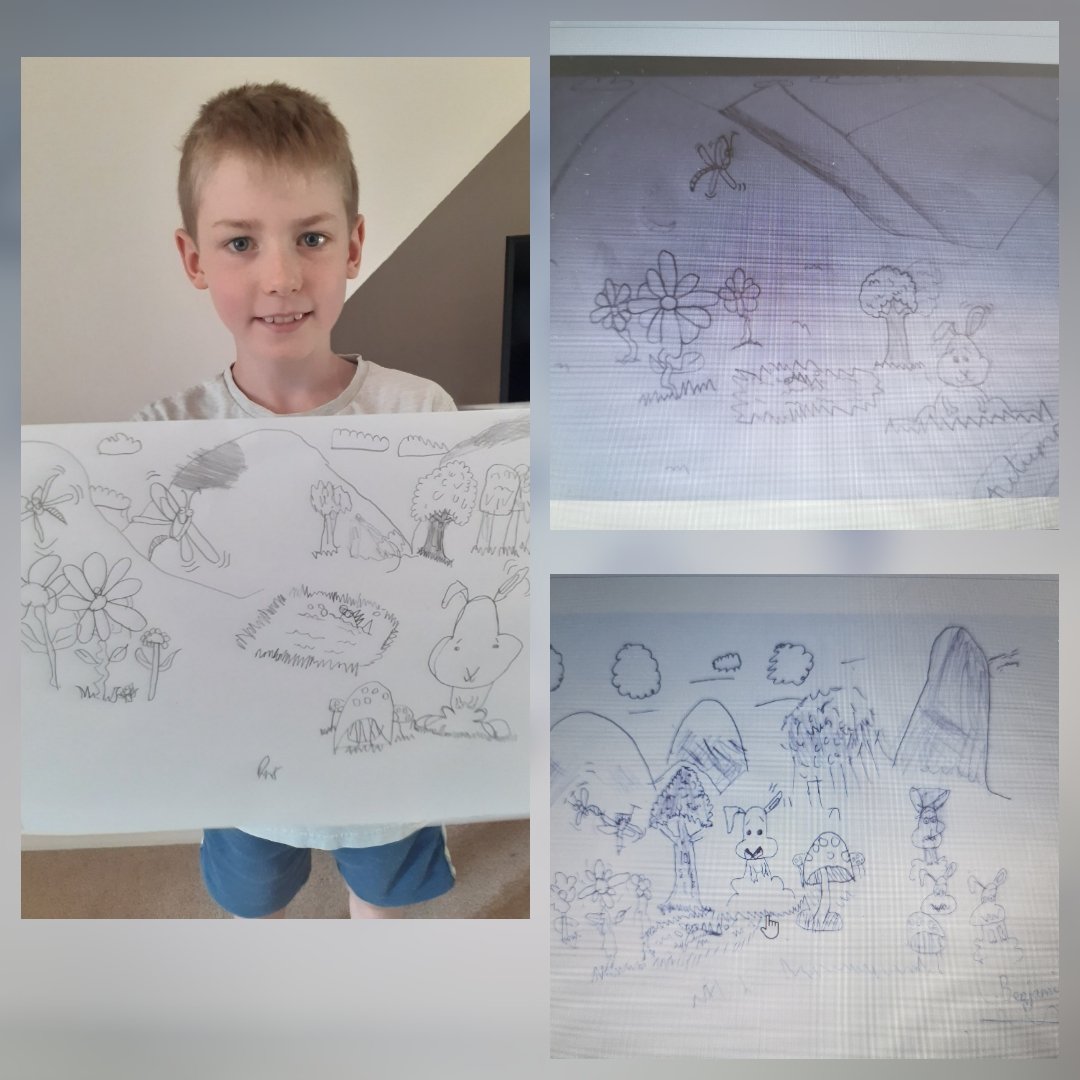 4EB_2019to2020's tweet photo. We have loved taking part in Cookies workshop today, both at home and in school. Thank you @tigger466 and Mrs Usher for organising, and a big thank you to Cookie for his great instructions. The children (&amp; adults) were very proud of their drawings! #LPSart  💕🙏🏻 https://t.co/Ev93E6PoWa