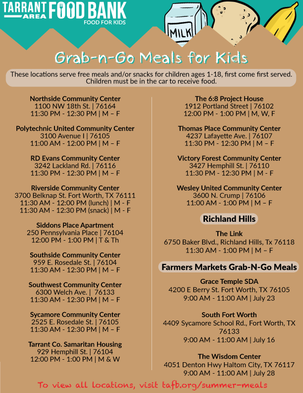 TAFoodBank's tweet photo. Does your child need a meal today? Visit one of our many locations serving grab-and-go meals for kids! Please note that all locations usually open Fridays will be closed tomorrow for July 4th weekend, with the exception of The Link and The 6:8 Project House, who will be open. https://t.co/m9E6LaFnGH