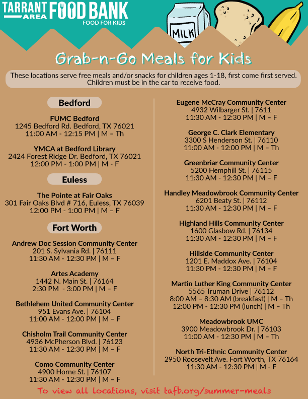 TAFoodBank's tweet photo. Does your child need a meal today? Visit one of our many locations serving grab-and-go meals for kids! Please note that all locations usually open Fridays will be closed tomorrow for July 4th weekend, with the exception of The Link and The 6:8 Project House, who will be open. https://t.co/m9E6LaFnGH