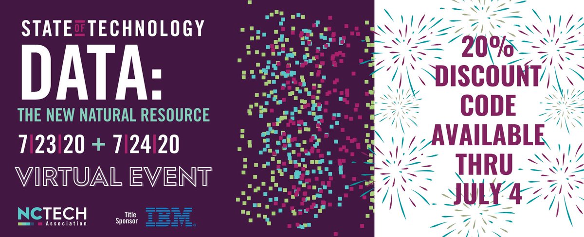 NCTA's tweet photo. Special July 4th discount offered! Join #NCTECH along with 600+ Tech &amp; Business leaders, 35+ engaging speakers, and 6 tech startups for the #StateofTechNC Conference held virtually July 23rd &amp; July 24th. @IBM Learn more at https://t.co/Ay3BLrUHte https://t.co/5TbRp9WU9v