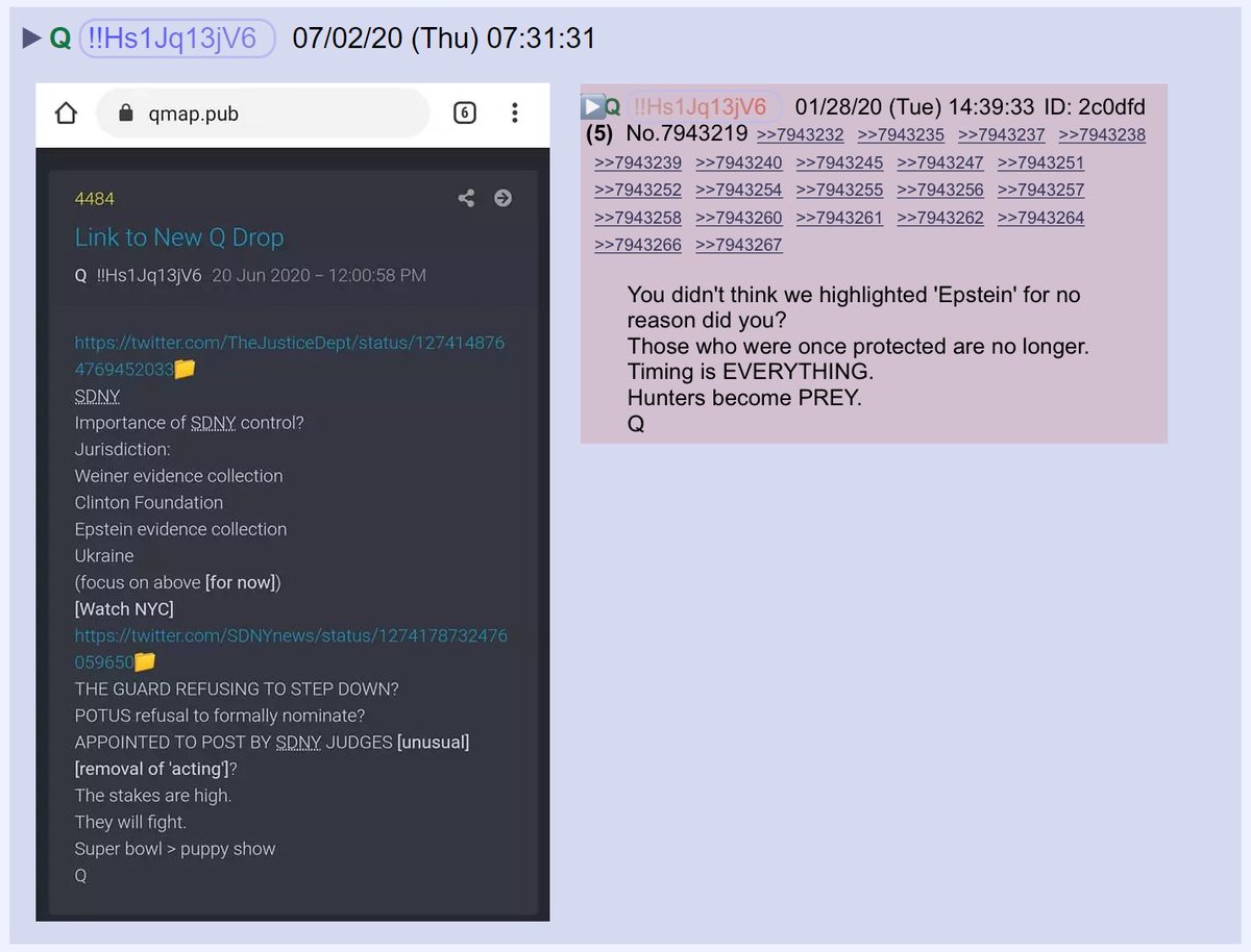 32) Q reposted a drop from January (on the right) that warned of coming arrests related to Jeffrey Epstein.On the left, is Q's prediction on June 20th that the removal of SDNY US Attorney Berman would pave the way for arrests in major cases.