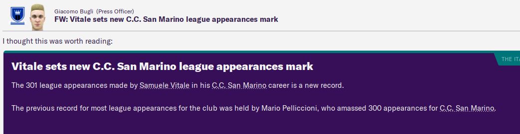 Our keeper and captain Samuele Vitale breaks the record for the most league appearances for the club. He has been first choice keeper all the way from Serie D up until our Champions League season now. Quite the servant, although likely to lose his spot in the summer...  #FM20