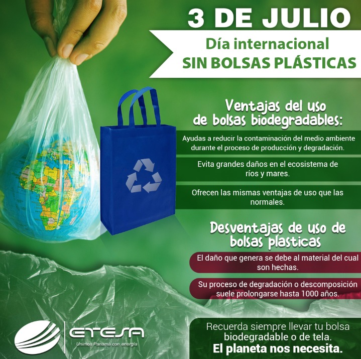 Estallar Regreso He aprendido Twitter 上的 ETESA："3 de julio: Día Internacional sin bolsas plásticas.  Recuerda siempre llevar tu bolsa biodegradable o de tela. ¡El planeta nos  necesita! #ETESATRANSMITE #ETESAPANAMA https://t.co/Snq8ygemwg" / Twitter