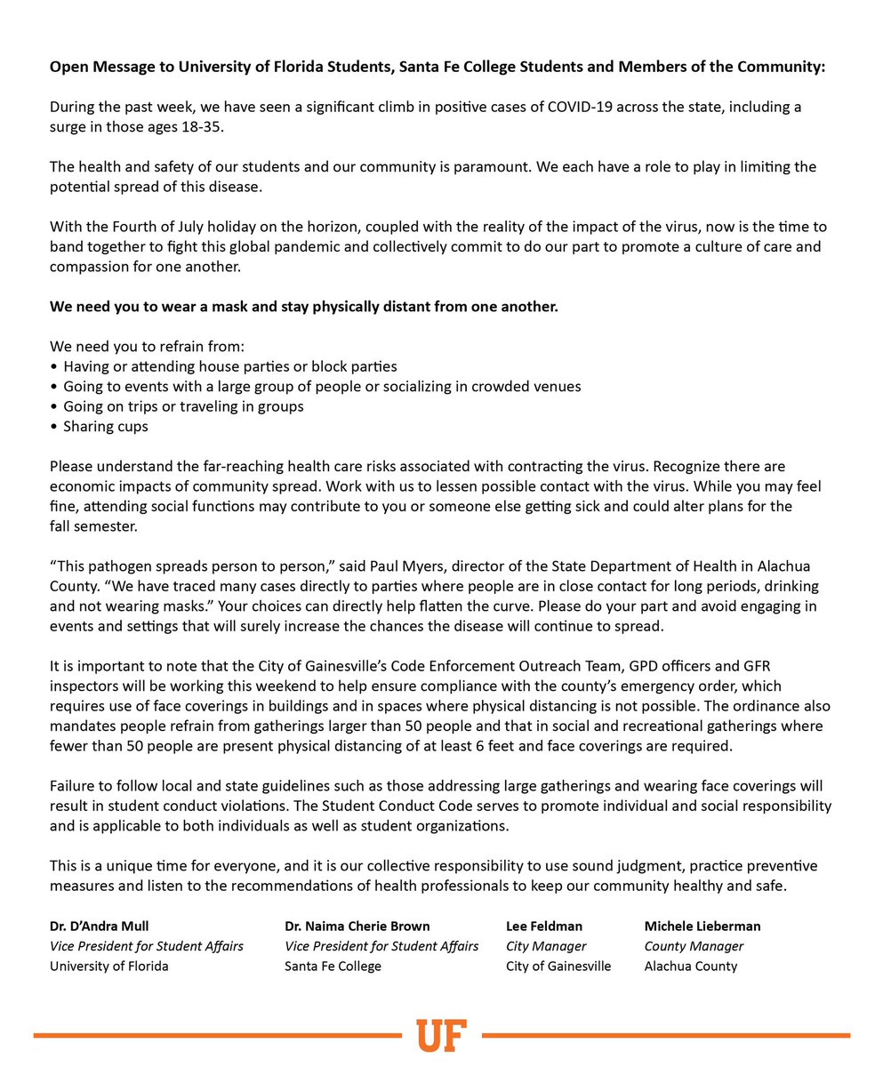 With Fourth of July on the horizon, the University of Florida joins Santa Fe College, the City of Gainesville and Alachua County in an open message to our community. #GatorsWearMasks