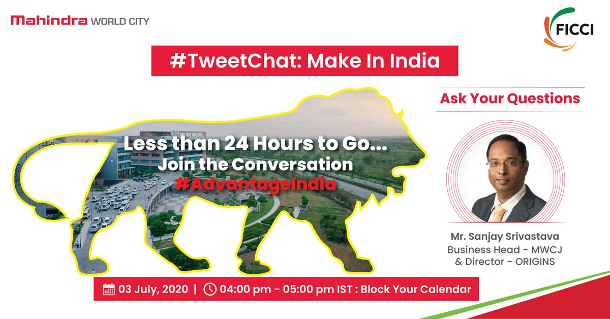 Mah_WorldCity's tweet photo. #MWC_Update: Less than 24 hours to Go!
Share Your Thoughts : #MakeInIndia
#Live #TweetChat #03July2020 4.00 PM IST
@ficci_india @Mah_WorldCity @Sanjay_Sriv
Join the conversation using #AdvantageIndia
Looking forward..
@makinindia #InvestinIndia #NewIndia https://t.co/cRyXjn4G8g
