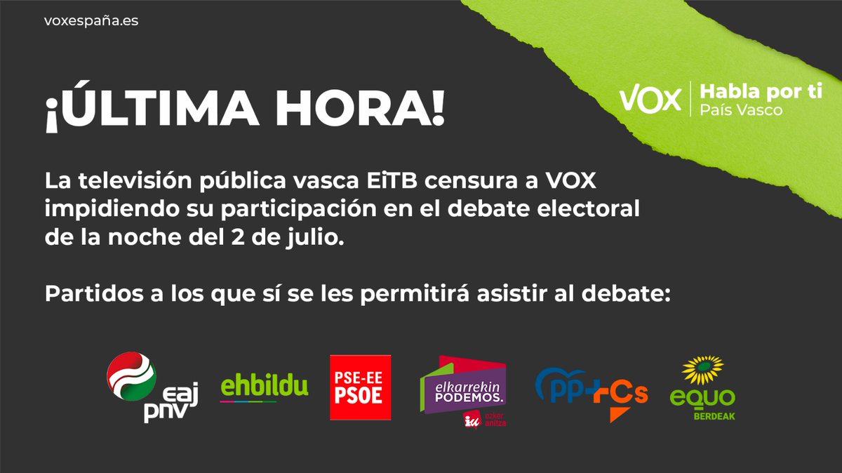 vox_es's tweet photo. 🚫 La televisión pública vasca EiTB impide que VOX participe en el debate electoral y se niega a entrevistar a nuestros candidatos.

No han podido censurar nuestros sobres y ahora prentenden censurar nuestro mensaje y nuestras propuestas.

¿Elecciones democráticas y libres? https://t.co/yTtjWiKL9k