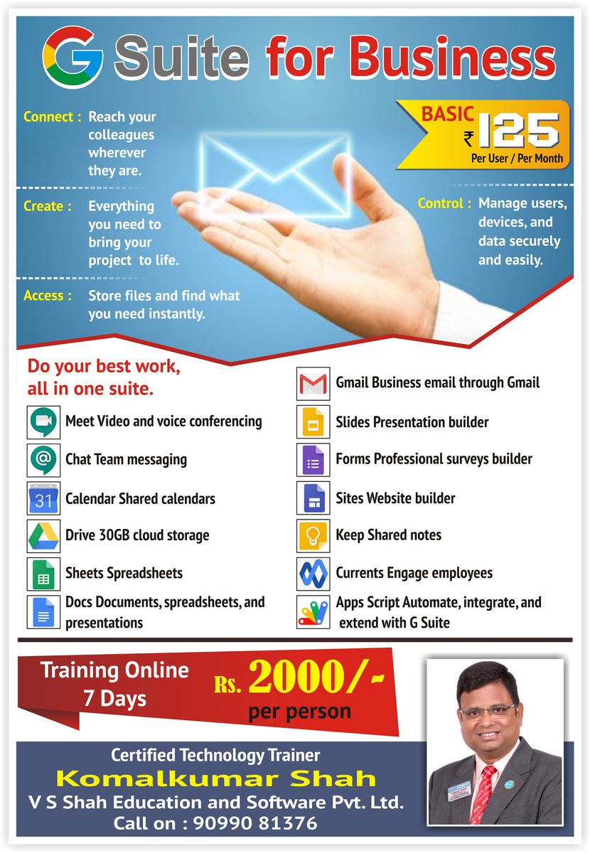 komalkumarshah's tweet photo. G Suite is cloud computing, productivity, and collaboration tools developed by Google.
Increase your business productivity, take your business online. connect with your business data anywhere-anytime.
#gsuiteforbusiness
#gsuite
#komalkumarshah
#vssespl https://t.co/JKizxaslwW