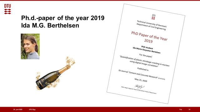 From ther colleagues in the research team ZeroWasteByg: Congratulation Ida Bertelsen for receiving the award "PhD paper of the Year 2019" from the Department of Civil Engineering at the Technical University of Denmark. We are proud of you!