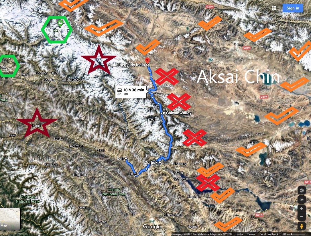 2) Watch this Google map closely. I made markings.Siachen & Kargil are stars.K2 (near Shaksgam) and Skardu are green hexagons.All Saffron ticks are India's real borders.The Red X's are Chinese push inside India since 1962.Leh - Chang La - Durbok - Shyok - DBO road shown