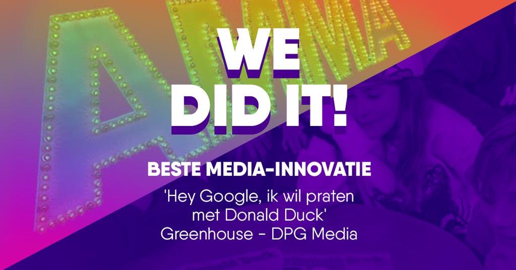 Greenhouse_NL's tweet photo. YES! We hebben een #AMMA20 gewonnen voor βHey Google, ik wil praten met Donald Duckβ. Bedankt @DPGMediaNL voor de samenwerking! #trots #blij #MWG #innovation #conversational https://t.co/68bC70EvKH