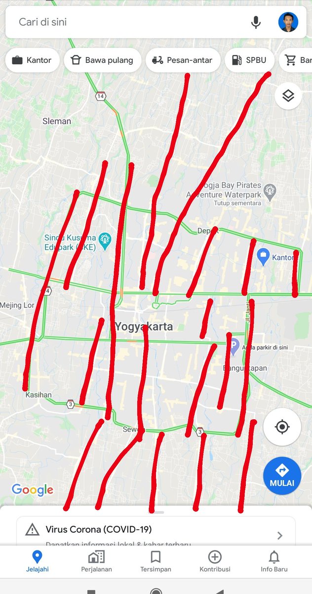 Jalan yg arahnya utara-selatan :- Ringroad barat- Jl Kabupaten- Jl Magelang- Jl Monjali- Jl Kaliurang- Jl Gejayan- Jl Seturan- Ringroad timur- Jl Gedong kuning- Jl Veteran- Malioboro- Jl Tamansiswa- Jl Hos Cokroaminoto- Jl Imogiri- Jl Bantul- Jl Parangtritis- dll
