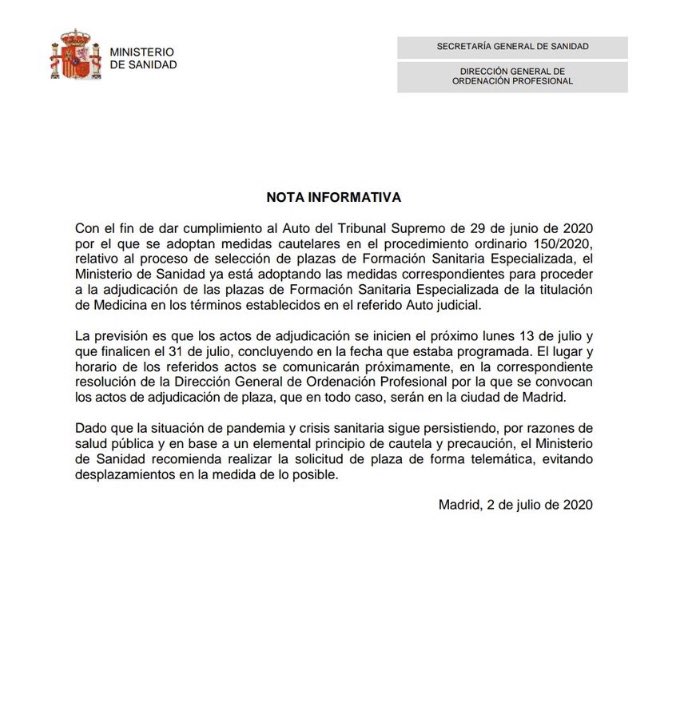 ❗️<a href="/sanidadgob/">Ministerio de Sanidad</a> ANUNCIA que la adjudicación #MIR20 se reanudará el 13 julio y finalizará el 31 julio. 

#FSEnLucha
