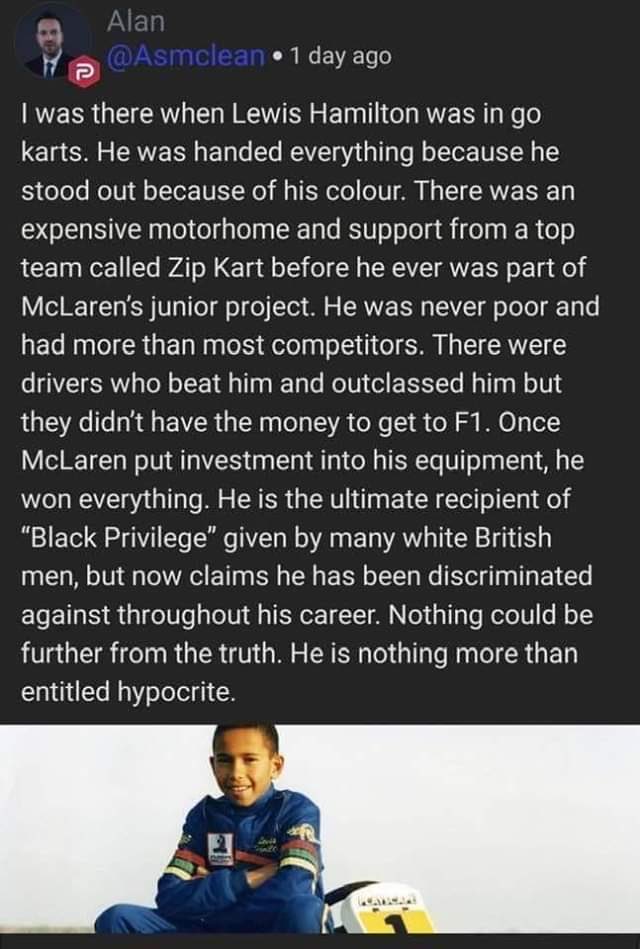 So Lewis Hamilton rewrites his own history to hitch his wagon on to BLM, Mercedes then do the same by changing their team colours for the season to black from their historic silver to show support for their No.1 driver.