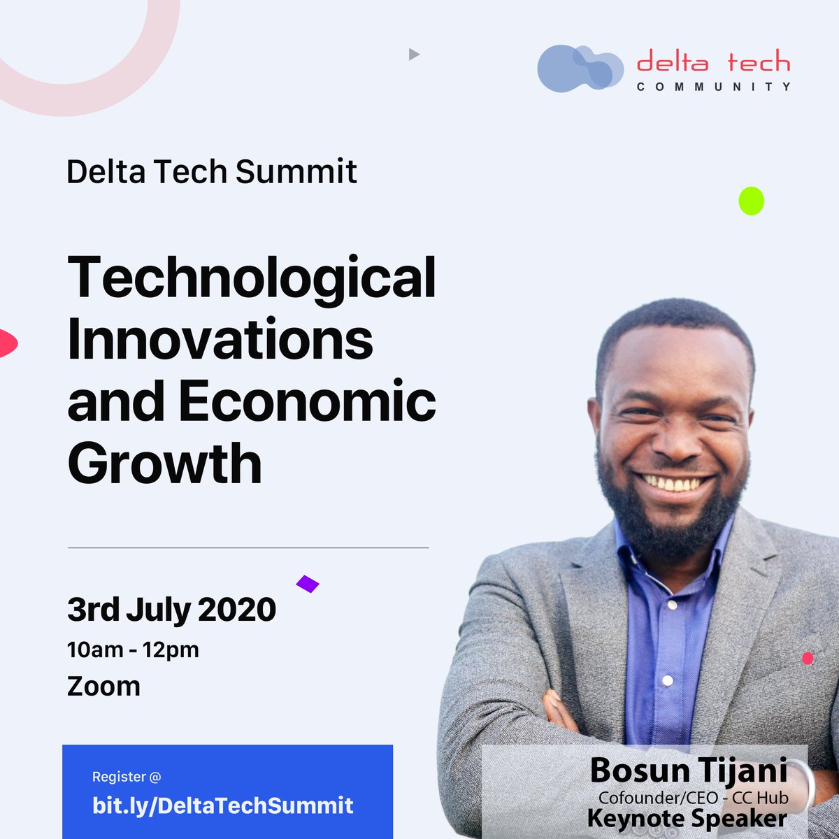 DeltaTechComm's tweet image. Meet our #DeltaTechSummit Keynote Speaker @bosuntijani. Bosun is the Co-founder/CEO of @Cc_HUB a technology innovation center that provides a cushy nest for innovators and creatives solving pressing social problems in Africa. 

Visit 👉 bit.ly/DeltaTechSummit to listen to Bosun
