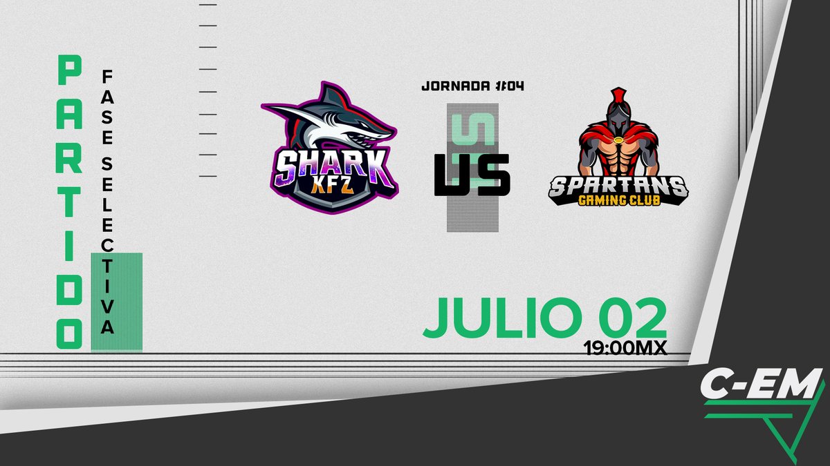 #CEM ⌠ Match day 

Iniciamos una jornada muy interesante, ¿cuál partido crees que sea el más interesante?

🏆 Jornada 04

⚔️ @Team_LatinBlood 🆚 @WendGG_
⏰ 18:00🇲🇽▪️ 20:00🇦🇷

⚔️ @Shark_KFZ 🆚 <a href="/TeamSpartansTM/">Spartans Gaming</a>
⏰ 18:30🇲🇽▪️ 20:30🇦🇷