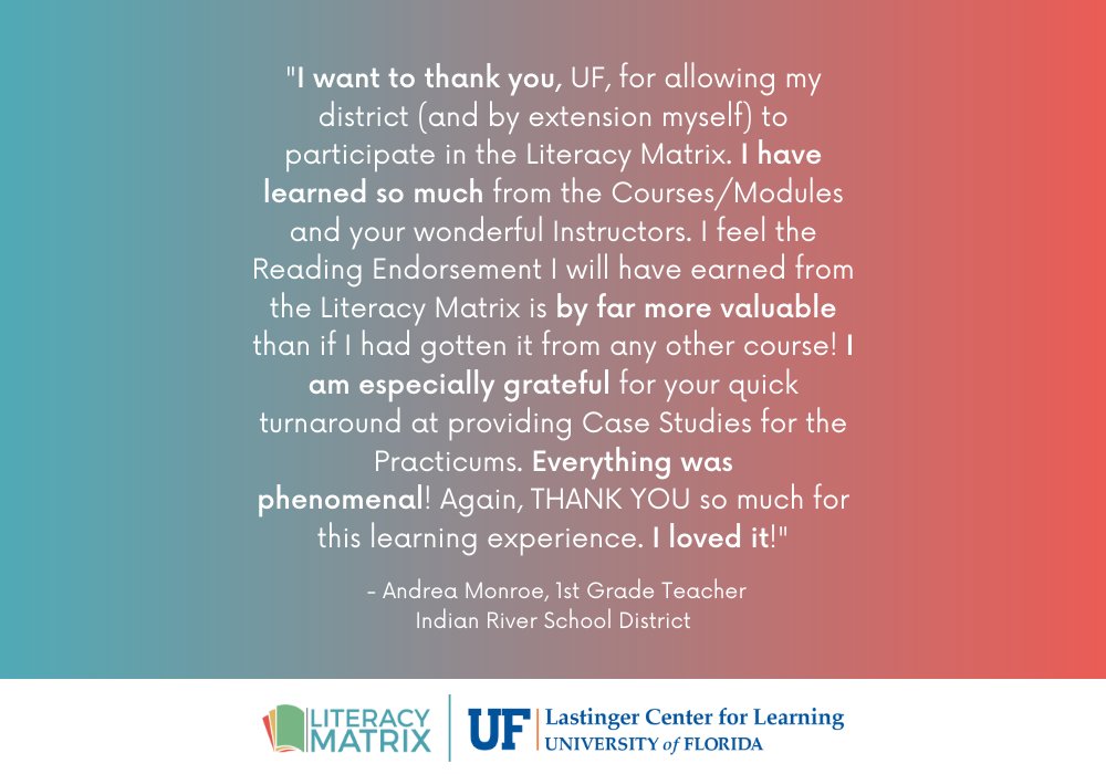 LastingerCenter's tweet photo. Our center is constantly striving to provide the highest quality resources. Check out this testimonial from a 1st grade teacher who participated in our Literacy Matrix! For more information on this professional development program, visit https://t.co/w783E9jCn9 📚 https://t.co/gXS1YqUNSG