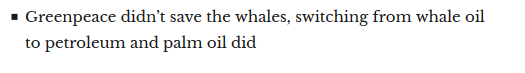 Oil didn’t save the whales. The whales are still endangered. Oil allowed the whaling industry to be able to kill and quickly process any whale in any ocean. See  https://www.researchgate.net/profile/Yulia_Ivashchenko/publication/276844456_Emptying_the_Oceans_A_Summary_of_Industrial_Whaling_Catches_in_the_20th_Century/links/56d0839a08ae059e375d4598/Emptying-the-Oceans-A-Summary-of-Industrial-Whaling-Catches-in-the-20th-Century.pdf