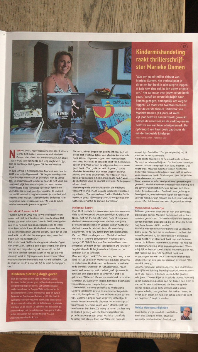 mdamen16's tweet photo. Poeh hรฉ, kijk haar nou, een hele pagina maar liefst ๐Met dank aan @harrieleijten #leukinterview #gezellig #stilleven #doetinchem #doetinchemmer #thriller #thrillers #debuut #tweededrukinaantocht https://t.co/DPOe9MS60q