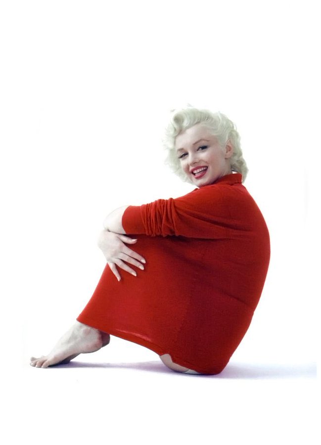 Marilyn Monroe, portrait, cinema sweaters red,  pulled over knees