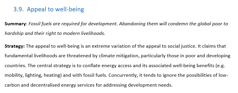 9th discourse of  #ClimateDelay: instrumental appeals to well-being. It's not that well-being doesn't matter - it does! But be wary of when it's conflated with fossil fuel use, without considering alternative ways of satisfying needs.