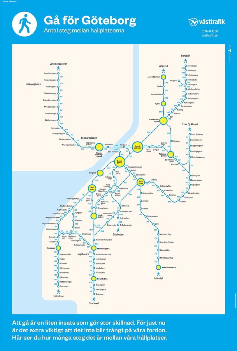 BrentToderian's tweet photo. Every public transit trip starts &amp; ends with your feet. To help people better understand that pedestrian/transit relationship &amp; encourage walking, my clever clients at @vasttrafik in #Goteborg/#Gothenburg Sweden created this handy map showing the # of steps between transit stops. https://t.co/wjkKZ8at09