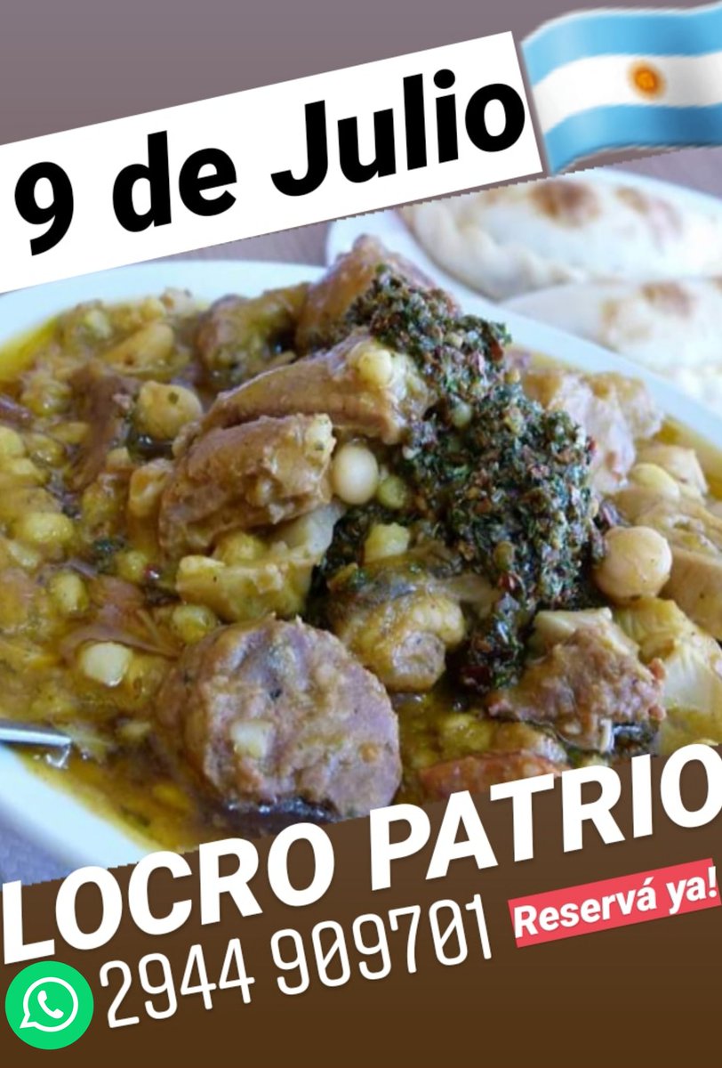 saborbariloche's tweet photo. 🇦🇷RESERVA YA!!! LOCRO #9deJulio 🇦🇷🇦🇷🇦🇷 Se retira a partir de 12:30hs en Palacios y Anasagasti L2,  
Para DELIVERY por favor enviar WHATSAPP 2944 909701 asi puede enviarnos bien su direccion,  ubicacion Y  le tomamos su reserva. Muchas gracias!! WHATSAPP 2944 909701 🇦🇷#bariliche https://t.co/tKtj6yKhIT