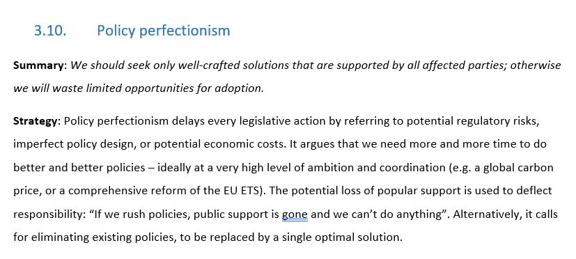 10th discourse of  #ClimateDelay: policy perfectionism. It's when they set the bar for climate policy measures so high, that basically it can't be met. Anything less than ideal won't do. So we'd rather do business as usual.