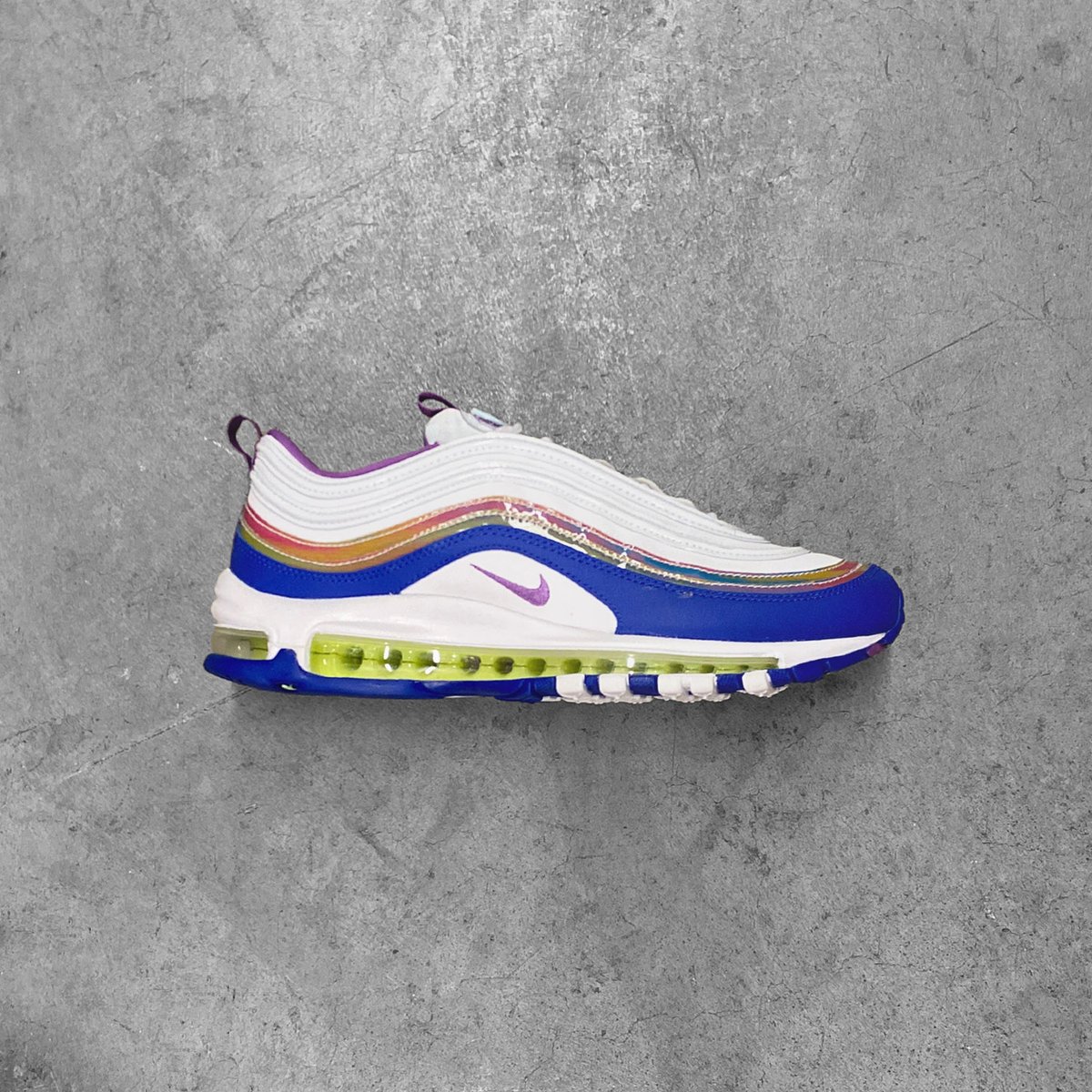 Nike Air Max 97 “Easter” || In White/Purple Nebula/Washed Coral. Available now in-store at our Las Vegas Location. #CRSVR #Nike #AirMax