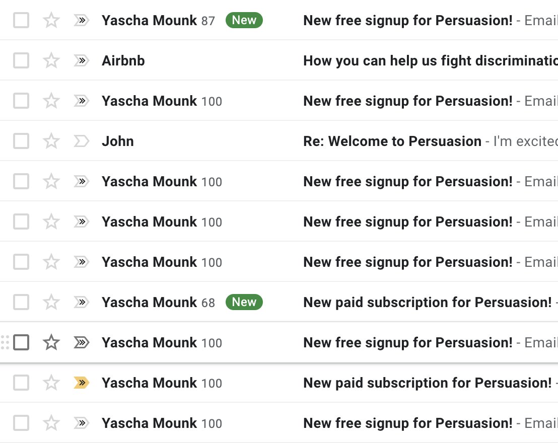 My inbox right now.(In two pictures as I don't want to reveal any email addresses. Note that most of these conversations aren't single sign-ups; each of them is a hundred people!)