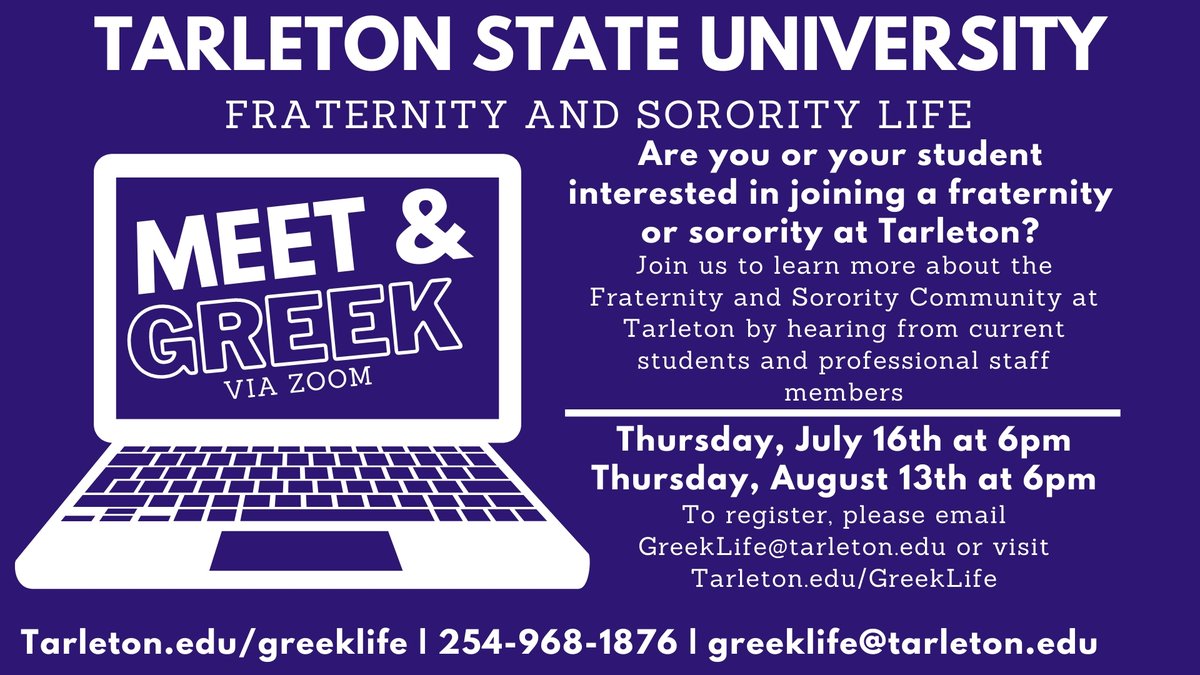 TarletonCLSO's tweet photo. Are you interested in joining a Fraternity or Sorority this Fall? Join us to learn more for a Meet and Greek session via Zoom!
Register using this form: https://t.co/C8TDZszVsL
#Tarleton24 #TarletonState https://t.co/zuD8OI29Ty