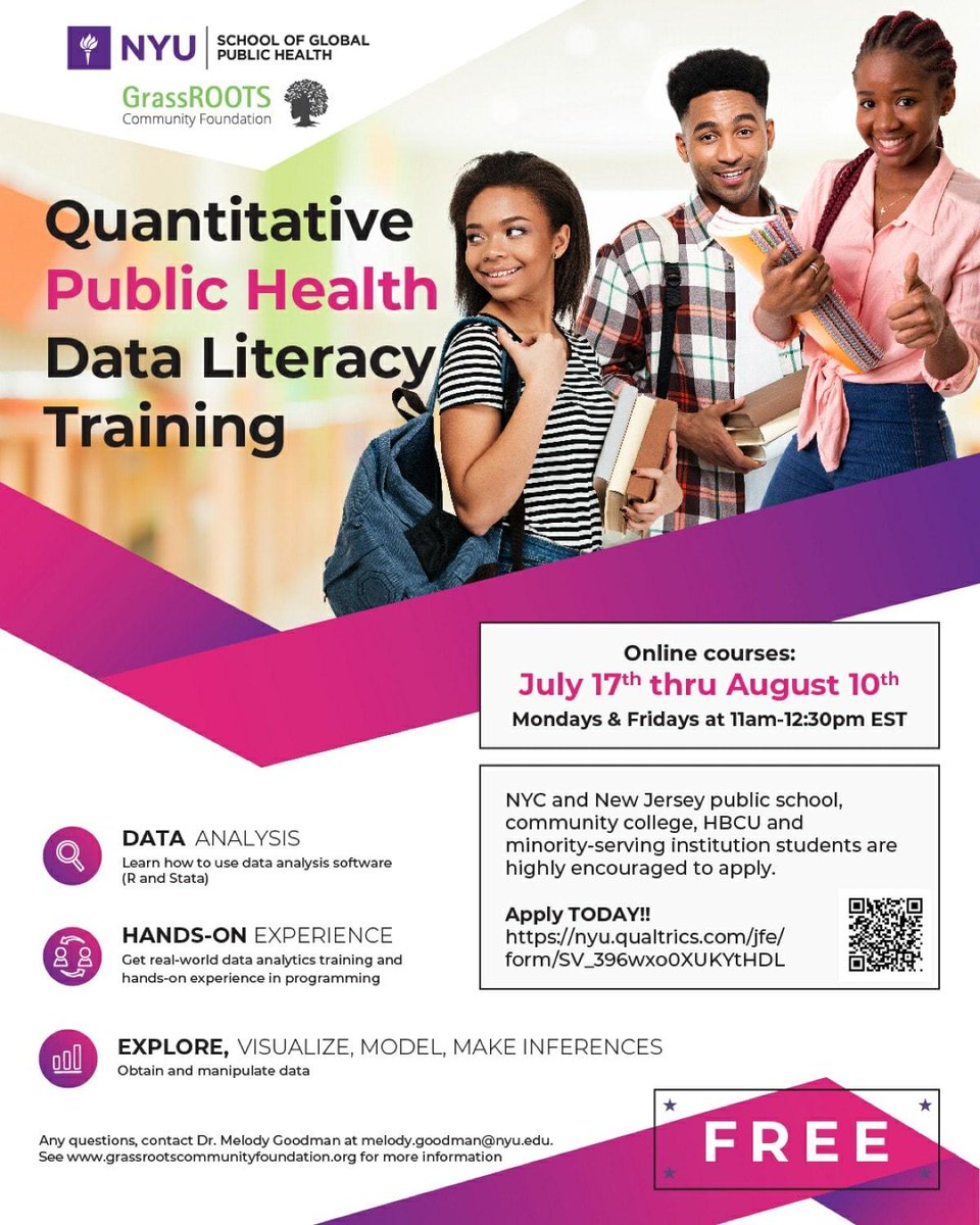 🚨Cool Course Alert🚨

Quantitative Public Health Data Literacy Training with Dr. Melody Goodman (<a href="/goodmanthebrain/">Melody Goodman</a>)!

NYC &amp; New Jersey public school, community college, HBCU &amp; minority-serving institution students are encouraged to apply! 

Register here: ow.ly/DsA950AkALn