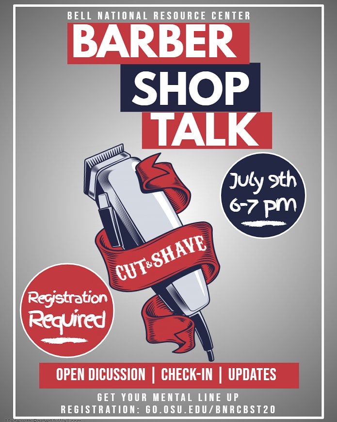 osubellcenter's tweet photo. We’re back with another Barber Shop Talk!!! Join the BNRC staff in a discussion on mental and social wellness. We want to see and hear you guys so sign up with this link!!! https://t.co/ltN4IsOoEe https://t.co/MeUVLzN2ow