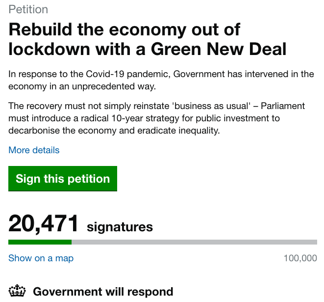 ewgjones's tweet photo. "Rebuild the economy out of #lockdown with a #GreenNewDeal" @HoCpetitions today passed 20,000 Signatures…

… Please keep Signing &amp; Sharing, so we can force a Parliamentary Debate on the #GreenRecovery…

https://t.co/3HLU3BWBSn https://t.co/qJknxH5H4I