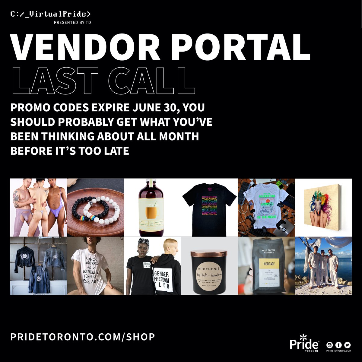 PrideToronto's tweet photo. Last Call for our #VirtualPride Vendor Portal to our favourite #LocalQueer &amp; #LocalTrans businesses. These brands are offering #PromoCodes and #donating proceeds from your purchases to #localcommunity charities + orgs
Check them out today! https://t.co/k8Ysa3spIJ https://t.co/49gqFX4mjO