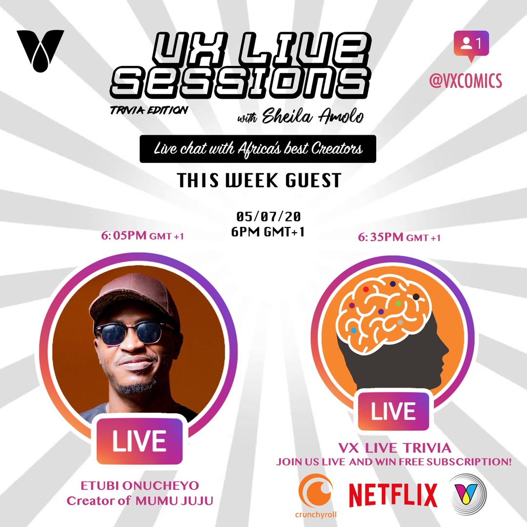 vxcomics_ea's tweet photo. This week on #VXLiveSessions we speak with Etubi Onucheyo about Mumu Juju. There after a speed trivia! Win subscriptions by answering as many questions correctly as possible. 8pm EAT (Nairobi) on @vxcomics Instagram Live.
#Comics #Africa #VXComics https://t.co/dTFqTMxkwY