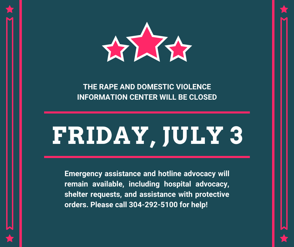 RDVICWV's tweet photo. Our office locations will be closed tomorrow, July 3rd, in honor of Independence Day. 

Emergency assistance and hotline advocacy will be available, including hospital advocacy, shelter requests, and help with protective orders. Please call 304-292-5100 for assistance if needed! https://t.co/Zex2FyQBP0