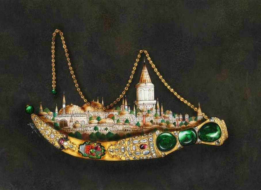ferhat_tasvir's tweet photo. Topkapı Hançeri Sultan I. Mahmud'un İran şahı Nadir'e hediye etmek için yaptırdığı hançerdir. Bir heyet ile birlikte İran'a yollamış, heyet İran'a varamadan İran'da çıkan isyanda Nadir Şah'ın ölmesi üzerine hançer Topkapı Sarayı'na geri getirilmiştir. 
 (Minyatür Çalışmam) https://t.co/LPhGpAoqta