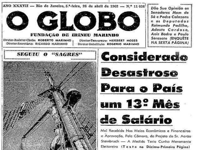 gcassianosp's tweet photo. Quando vejo liberais dizendo que aumentar salários faria com que empresas quebrassem e demanda caísse, lembro dessa matéria da Globo quando Jango criou o 13º.
Liberais sempre estiveram e sempre estarão contra o trabalhador!
#EquipeGC https://t.co/SJk5aypxHu