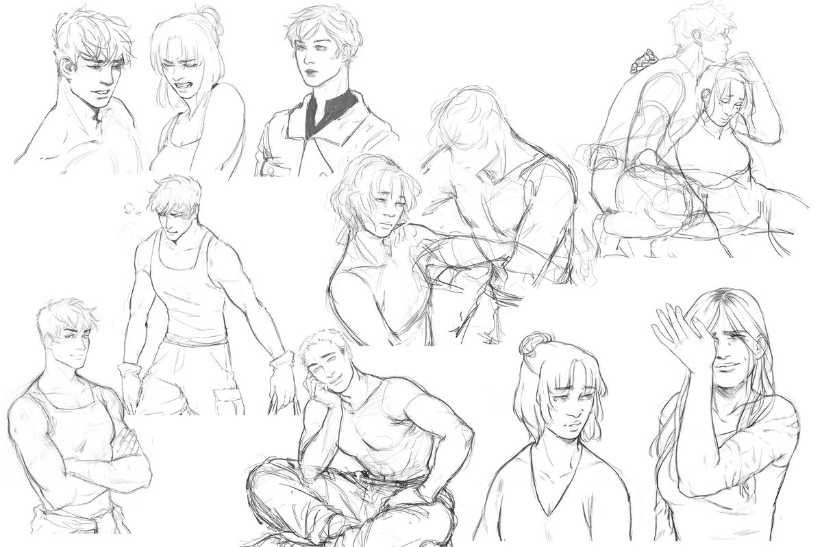 I have so many unfinished OC sketches so I compiled the ones I still like as an overview ? They're all from the same story btw! The last image are the original 4 (which is a year old already oof)
