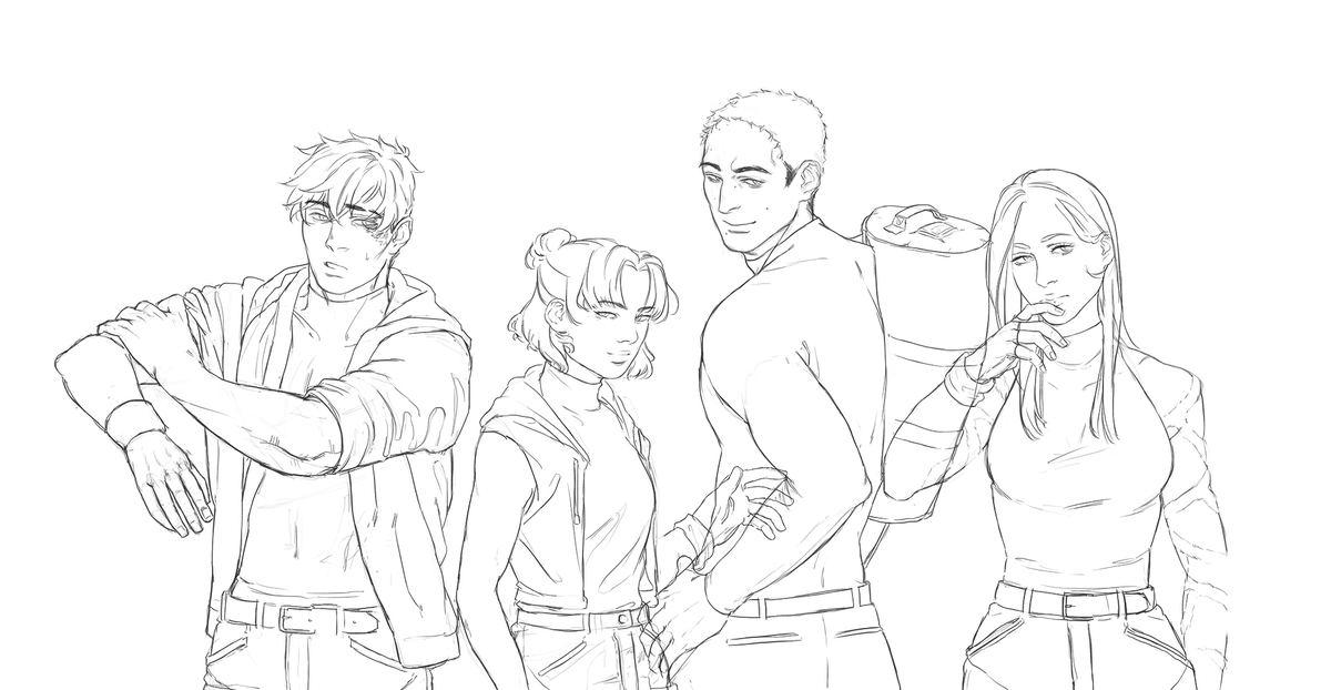 I have so many unfinished OC sketches so I compiled the ones I still like as an overview ? They're all from the same story btw! The last image are the original 4 (which is a year old already oof)