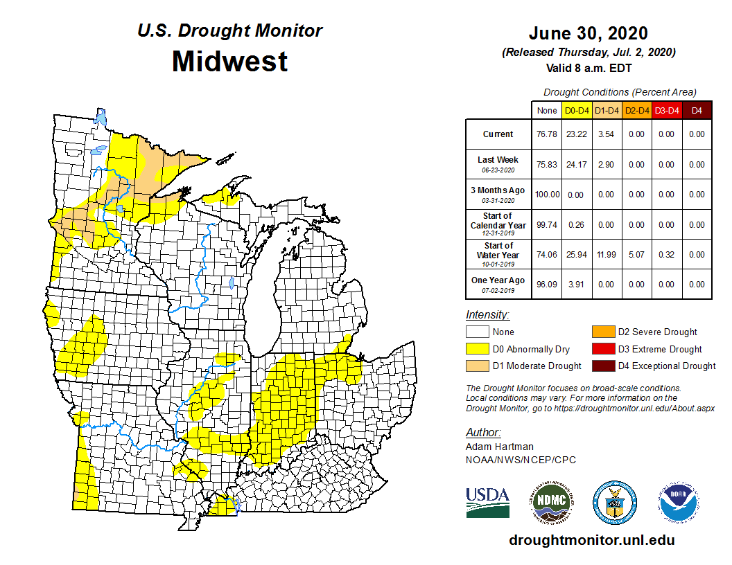 NOAANCEI's tweet photo. June 30: Northeastern Minnesota and northern Wisconsin experienced an expansion of both abnormal dryness and moderate drought. Abnormally dry conditions persist across most of Indiana. https://t.co/hs7rCpQMsY #DroughtMonitor #MNwx #WIwx #INwx #MNdrought #WIdrought #INdrought https://t.co/LCm7sishxi