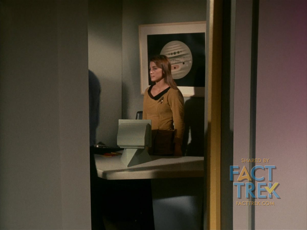Moving from starship crews, all starbase personnel seen wear a sunburst/flower insignia—with one exception (that we know of) : in “The Menagerie” Part 1, Commodore Mendez has a briefly glimpsed aide/secretary who wears the Flying A. Another production mistake, perhaps?  @startrek