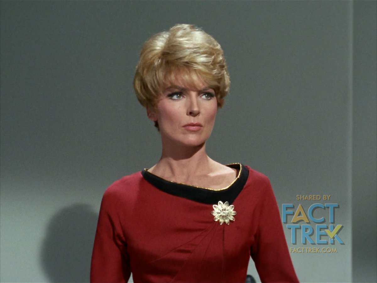 Moving from starship crews, all starbase personnel seen wear a sunburst/flower insignia—with one exception (that we know of) : in “The Menagerie” Part 1, Commodore Mendez has a briefly glimpsed aide/secretary who wears the Flying A. Another production mistake, perhaps?  @startrek
